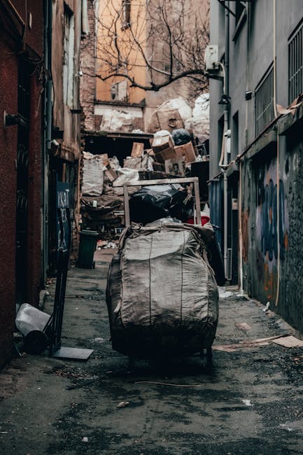 A narrow urban alleyway scene featuring a large, wheeled garbage bin made of grey, weathered plastic in the foreground, positioned centrally on a pavement surface that shows signs of dirt and minor debris. Behind the bin, a significant amount of waste material, including cardboard boxes, black plastic bags, and miscellaneous rubbish, is piled up against a makeshift wooden structure or fence at the back of the alley, partially covered with a transparent sheet or tarp. The surrounding environment includes brick and concrete walls of adjacent buildings, with some graffiti visible on the right side, and leafless tree branches overhead suggest late autumn or winter season. Natural daylight illuminates the scene, creating subtle shadows and highlighting textures of the waste and urban setting, reflecting typical conditions where private waste collection or rubbish removal services, such as those offered by Rubbish Removal Ilford, might be engaged for on-site clearance tasks in a densely built area.
