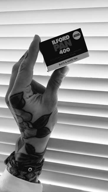 A person's left hand, showcasing a detailed floral tattoo on the fingers and wrist, holds a small black box with white and grey text that reads 'Ilford Pan 400' and indicates a film type, positioned vertically in front of a background of horizontal white window blinds. The hand is partially covered by a band or sleeve with a textured pattern, and the fingers are gently grasping the box, with the thumb on one side and the index and middle fingers supporting it from the other. The scene is lit with natural light filtering through the blinds, creating soft shadows and a neutral tone that emphasizes the fine details of the tattoo and the smooth surface of the box, aligning with the context of private or independent collection and on-site handling of photographic supplies, relevant to rubbish removal services focusing on organized waste or storage spaces.